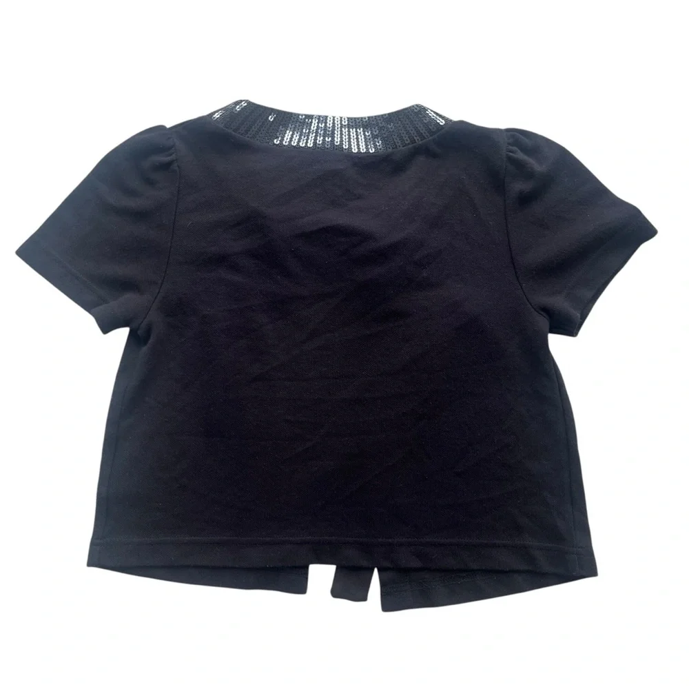 H&M Women’s Small Black Sequins Trim Short Puff Sleeve Tie Top Crop Y2K Cardigan